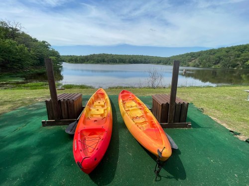 Two colorful kayaks, red and orange, sit on a green mat by a calm lake surrounded by lush greenery under a blue sky.