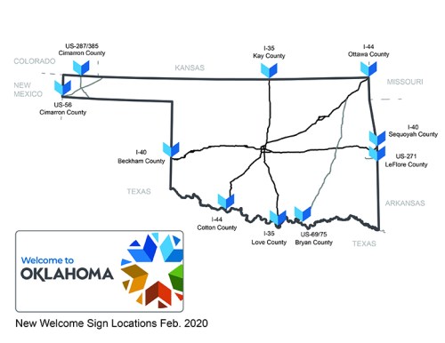 Map of Oklahoma showing new welcome sign locations as of February 2020, with routes and counties highlighted.