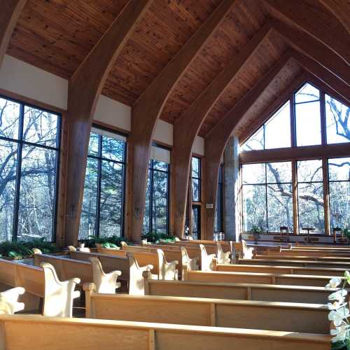 Interior of a wooden church with tall ceilings, large windows, and rows of pews, surrounded by trees outside.