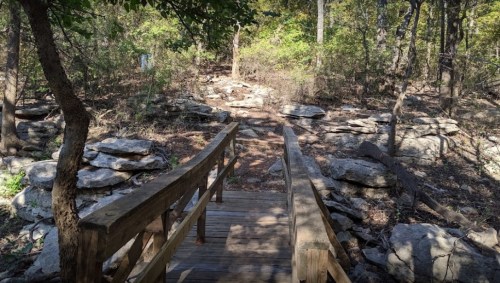 A wooden bridge leads over rocky terrain in a wooded area, surrounded by trees and greenery.