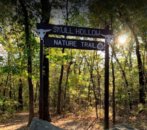 A wooden sign for "Skull Hollow Nature Trail" surrounded by trees and sunlight in a forested area.