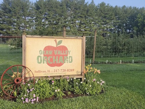 Sign for Okaw Valley Orchard in Sullivan, IL, featuring an apple graphic and surrounded by flowers and greenery.