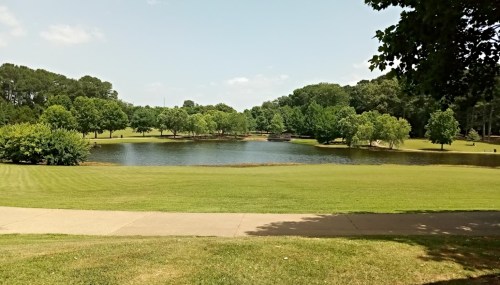 A serene park scene featuring a calm pond surrounded by lush green trees and a clear blue sky.