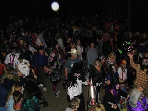 A large crowd of people in costumes, some with face paint, gathered at night for a festive event.