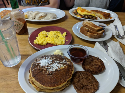 A table with plates of pancakes, scrambled eggs, sausage, toast, and an omelet, with a glass of water and hot sauce.