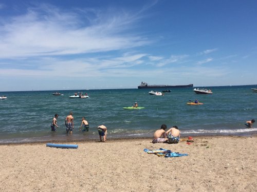 A sunny beach scene with people swimming and boating, and a large ship in the distance on a clear blue lake.