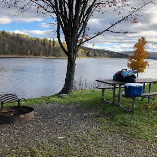 A serene lakeside scene with a picnic table, fire pit, and a tree, surrounded by autumn foliage and calm water.