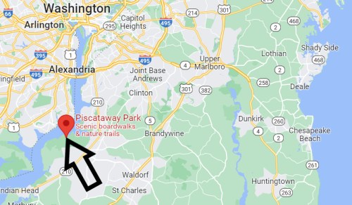 Map highlighting Piscataway Park, featuring scenic boardwalks and nature trails, near Washington, D.C.
