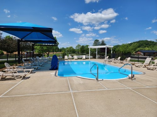 A sunny pool area with lounge chairs, a blue pool, and shaded seating under a canopy, surrounded by greenery.