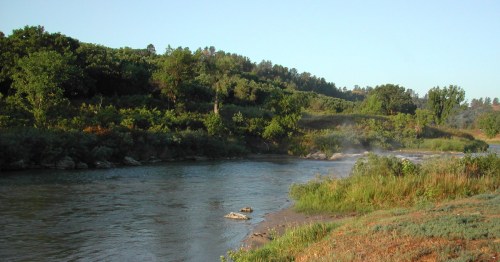 View of the Niobrara River in Nebraska, showing green trees on the river bluffs under a blue sky