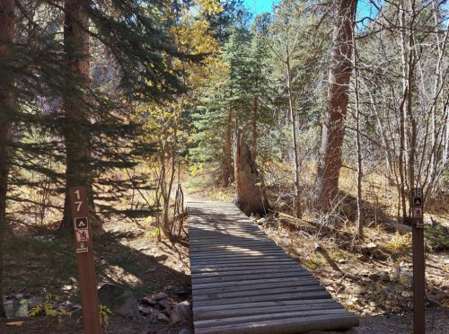 A wooden bridge leads through a forest with trees and autumn foliage, marked by trail signs on either side.