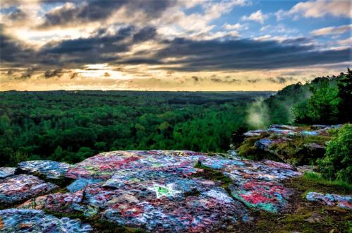 A colorful rock ledge overlooks a lush green forest under a cloudy sky at sunset.