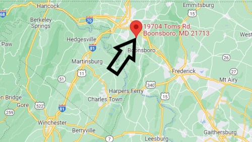 Map highlighting the location of 19704 Toms Rd, Boonsboro, MD 21713 with an arrow pointing to the site.