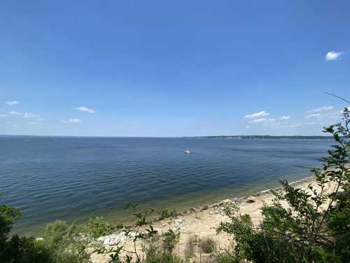 A serene view of a calm lake under a clear blue sky, with a sandy shore and distant land on the horizon.