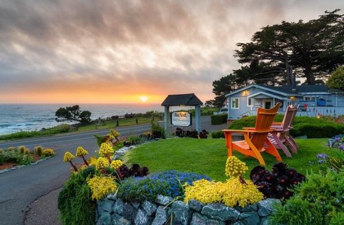 Cozy seaside scene with colorful flowers, chairs, and a sunset over the ocean, creating a tranquil atmosphere.