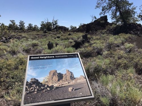 A sign titled "Good Neighbors" in a rocky landscape with sparse vegetation and distant rock formations under a clear sky.
