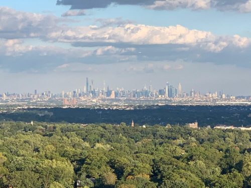 A panoramic view of a city skyline with tall buildings, surrounded by green trees and a cloudy sky.