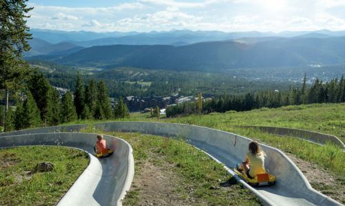 Two children ride down a winding alpine slide, surrounded by green hills and mountains under a blue sky.