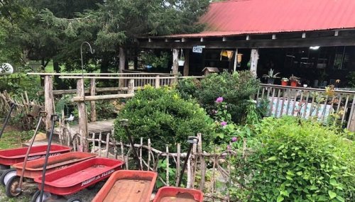 A rustic garden with red wagons, greenery, and a wooden porch featuring an "Open" sign.