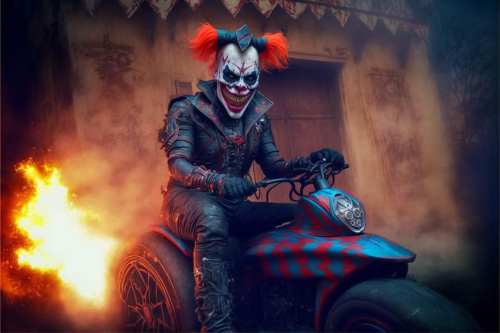 A sinister clown in a leather outfit rides a colorful motorcycle, surrounded by smoke and flames.
