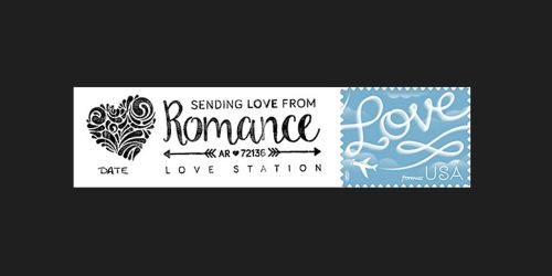 Graphic featuring a heart design and text: "Sending love from Romance, AR 72136" with a blue stamp that says "Love."