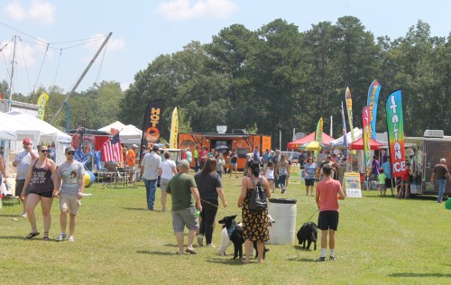 A lively outdoor festival scene with people walking, food stalls, colorful banners, and dogs on leashes in a grassy area.