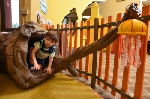 A young boy crawls out of a log-shaped play structure in a colorful indoor play area.
