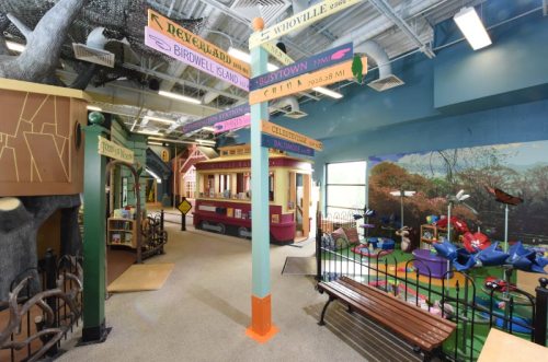 Colorful indoor play area with directional signs, a train, and themed play structures for children.