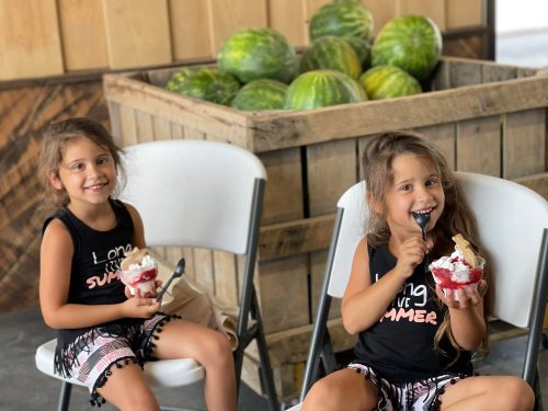 Two young girls sitting on chairs, enjoying ice cream in front of a wooden crate filled with watermelons.