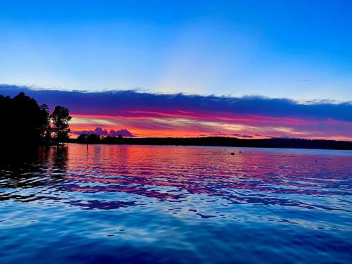 A serene lake at sunset, with vibrant pink and purple hues reflecting on the water and silhouetted trees in the foreground.