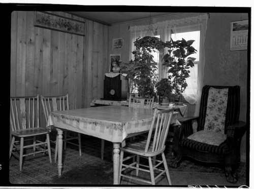 A cozy dining area with a wooden table, chairs, and potted plants, featuring a vintage armchair and wooden walls.