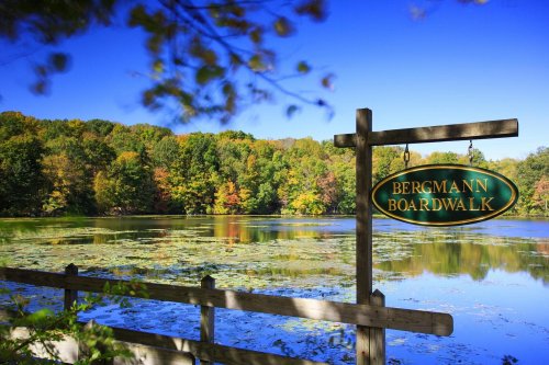 Sign for Bergmann Boardwalk beside a serene lake surrounded by colorful trees under a clear blue sky.