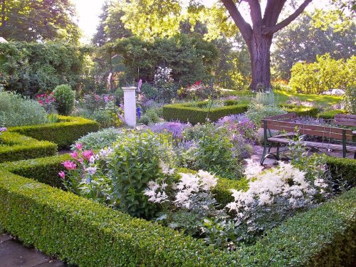 A lush garden with colorful flowers, neatly trimmed hedges, and a bench under a large tree, bathed in soft sunlight.
