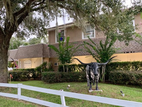A black longhorn statue stands in front of a building surrounded by greenery and trees, with a white fence in the foreground.