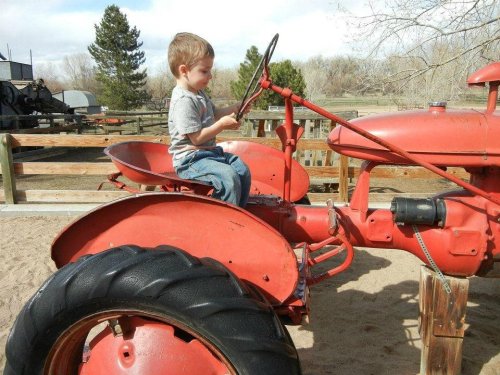 A young boy sits on a red tractor, pretending to drive, with a farm setting in the background.