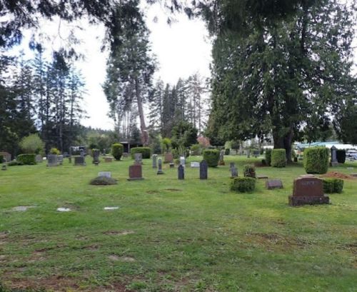 A peaceful cemetery with gravestones set among green grass and trees under a cloudy sky.