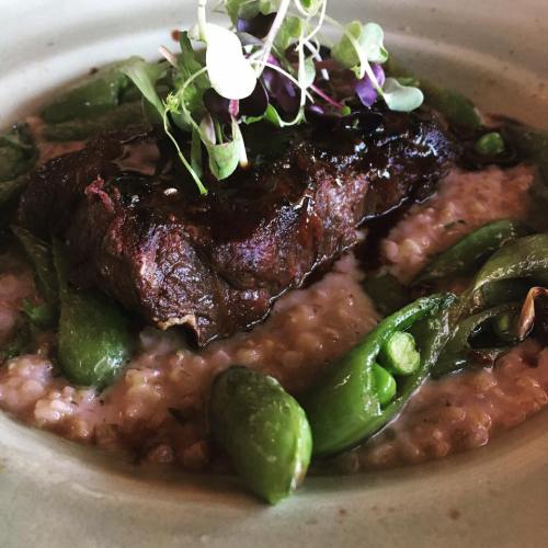 A beautifully plated steak on a bed of grain, garnished with microgreens and surrounded by green vegetables.