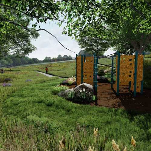 A vibrant park scene featuring a climbing structure surrounded by lush greenery and a winding path in the background.