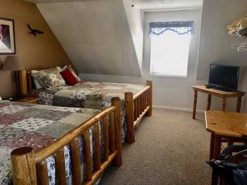 Cozy room with two wooden beds, a small table, and a TV, featuring a sloped ceiling and natural light from a window.