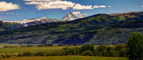 A scenic view of snow-capped mountains rising above lush green hills under a clear blue sky with fluffy clouds.