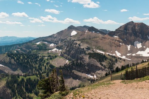 A scenic mountain landscape with rugged peaks, green valleys, and patches of snow under a blue sky with clouds.