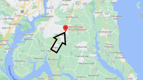 Map showing the location of R&H Escape Room in Waldorf, Maryland, with an arrow pointing to it.