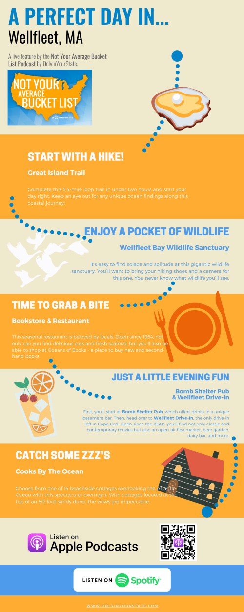 Infographic highlighting a perfect day in Wellfleet, MA, featuring hiking, wildlife, dining, and evening activities.