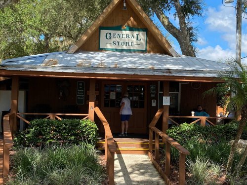 A wooden general store with a sign, surrounded by greenery and a person entering. Bright blue sky in the background.