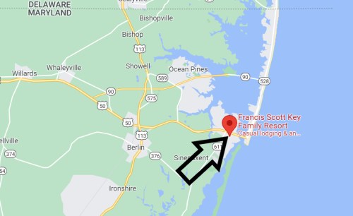 Map showing the location of Francis Scott Key Family Resort near Berlin, Maryland, with an arrow pointing to it.