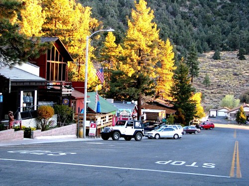 A quiet street in a small town, lined with trees and buildings, featuring parked cars and a stop sign.