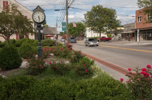 A street scene featuring a clock, blooming roses, and shops, with cars driving along a tree-lined road.