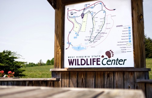 Signage for the West Virginia State Wildlife Center, featuring a map and information about the area and activities.