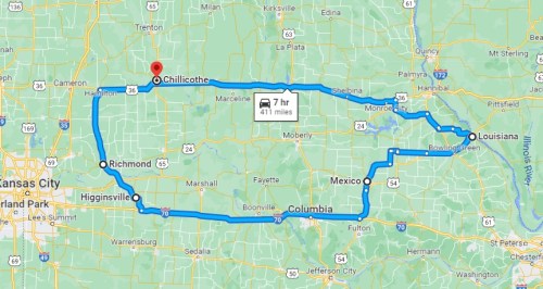Map showing a route from Chillicothe, Missouri, to Louisiana, with key locations and a total distance of 411 miles.