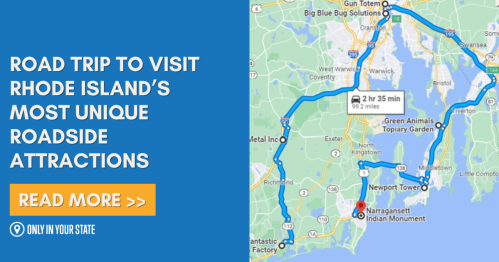 Map highlighting a road trip route to unique roadside attractions in Rhode Island, with a "Read More" call to action.